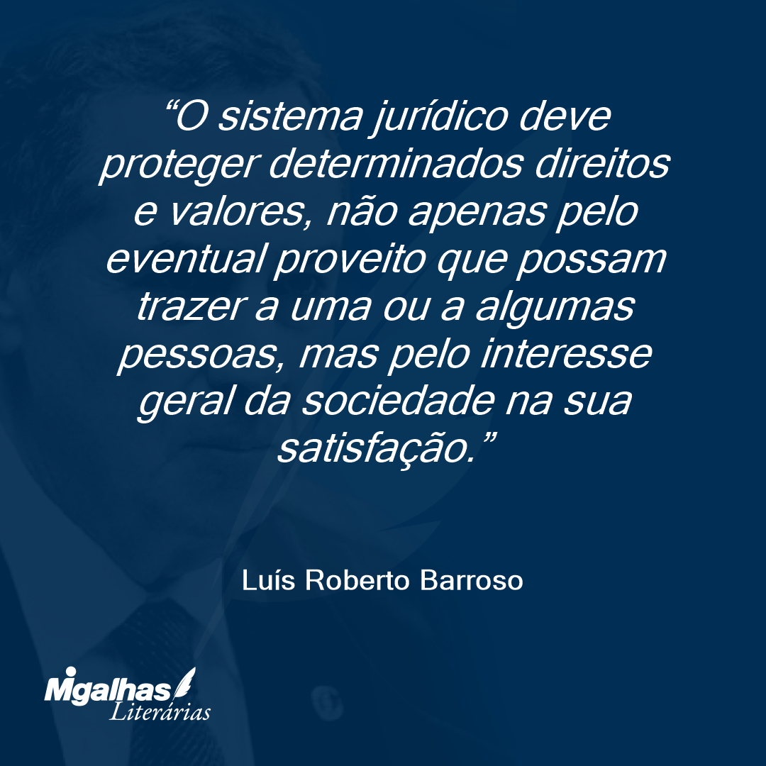 O sistema jurídico deve proteger determinados direitos e valores, não apenas pelo eventual proveito que possam trazer a uma ou a algumas pessoas, mas pelo interesse geral da sociedade na sua satisfação. 