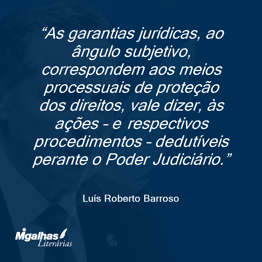 As garantias jurídicas, ao ângulo subjetivo, correspondem aos meios processuais de proteção dos direitos, vale dizer, às ações - e respectivos procedimentos - dedutíveis perante o Poder Judiciário.